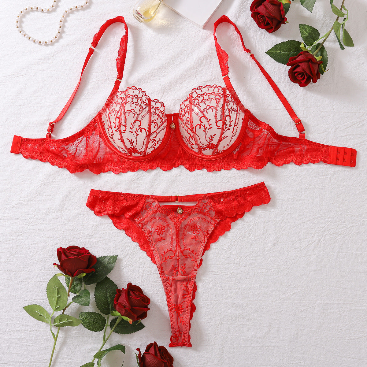 Gathered Steel Ring Bra Set French Mesh See-through Sexy Underwear Two-piece